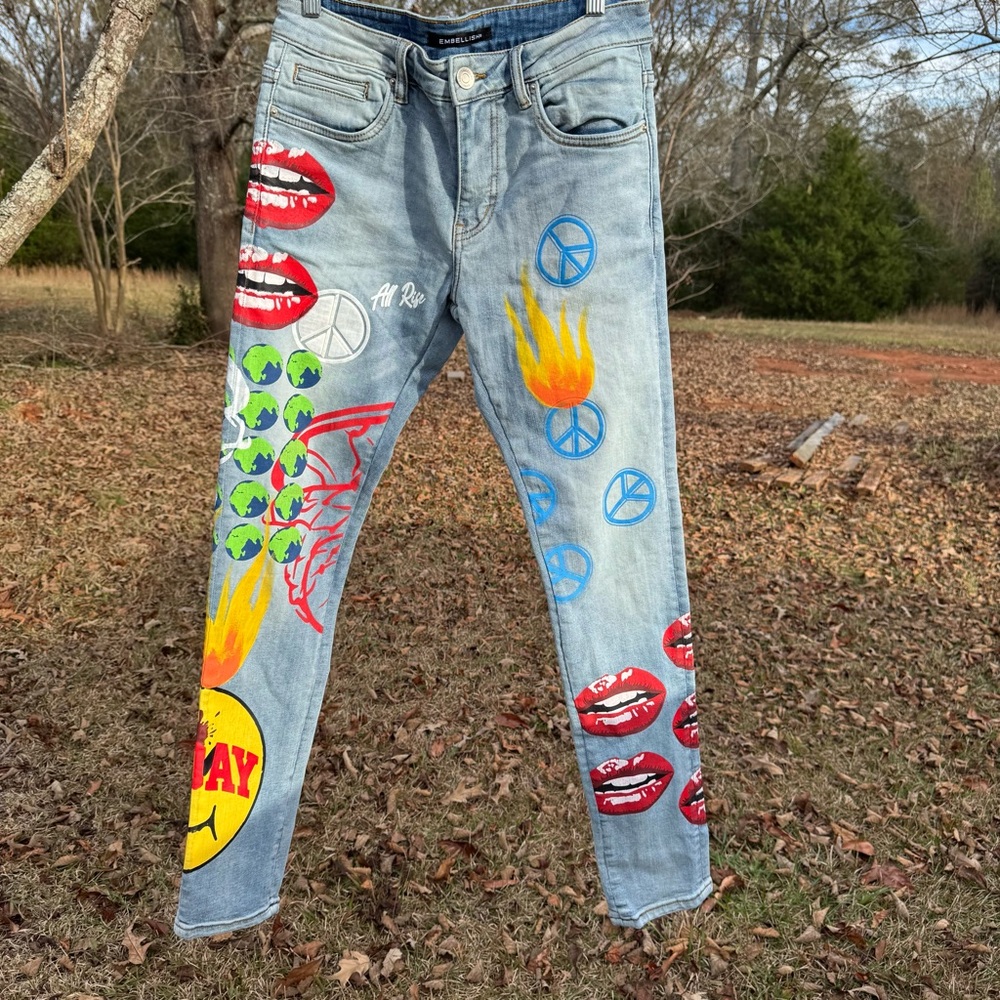 Embellish NYC Men's Peace All Over Painted Blue Skinny Fit Stretch Denim Jeans